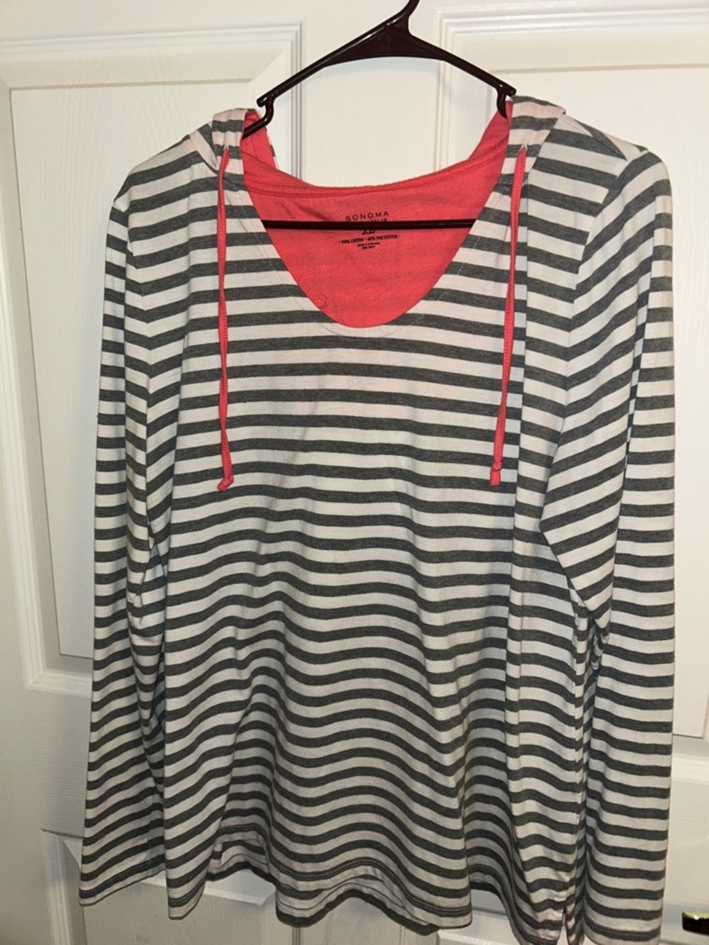 Sonoma Gray and White Striped Hoodie with Coral Accents